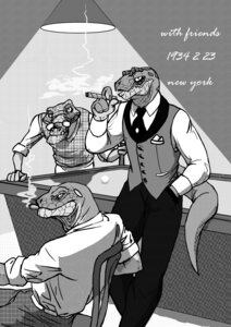 Rating: Safe Score: 0 Tags: absurd_res anthro ball billiard_ball billiards cigar classy clothed clothing crocodile crocodilian cue_ball e621 eyewear glasses greyscale group hi_res lamp male monochrome reptile scalie schbelt smoke smoking snake stippling tail tone_work User: bunchy7s