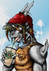 Rating: Safe Score: 0 Tags: 5_fingers amuthalexiel anthro beverage bodily_fluids claws clothing container cup disposable_cup dragon drinking_straw e621 ear_piercing facial_piercing fingers fur grey_body grey_fur hair hi_res holding_container holding_cup holding_object horn jewelry lip_piercing looking_aside looking_at_viewer male multicolored_hair mythological_creature mythological_scalie mythology necklace nose_piercing nose_ring open_mouth orange_eyes piercing ring_piercing saliva scalie shirt short_hair solo starbucks tank_top text tongue tongue_out topwear translated User: bunchy7s