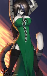 Rating: Safe Score: 0 Tags: abstract_background anthro big_breasts black_body black_fur black_nose breasts brown_hair bursting_out_of_clothing clothing dress e621 felid female fur garter_straps green_clothing green_dress grey_body grey_fur hair hair_over_eyes legwear lingerie macmegagerc mammal pose raised_arms seductive small_waist smile solo tail tights white_body white_fur User: bunchy7s