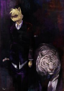 Rating: Safe Score: 0 Tags: anthro clothed clothing domestic_cat duo e621 eyewear felid feline felis feral fully_clothed glasses ken2jian kogawa_kenji leucistic male mammal pantherine suit tiger User: bunchy7s