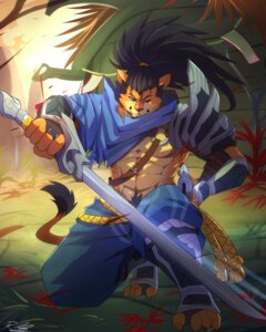 Rating: Safe Score: 0 Tags: 4:5 abs anthro armor athletic belt biceps biped black_hair black_nose blue_eyes bottomwear brown_body brown_fur claws clothed clothing crouching digital_media_(artwork) e621 felid footwear fur hair hi_res kneeling league_of_legends looking_at_viewer male mammal melee_weapon muscular muscular_anthro one_eye_closed open_clothing open_shirt open_topwear pants pecs pose rabbity riot_games rope scar shirt solo sword tan_body tan_fur teeth tencent toe_claws topwear torn_clothing weapon wink yasuo_(lol) User: bunchy7s