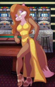 Rating: Questionable Score: 0 Tags: anthro biped blaze_(creamytea) breasts canid canine casino clothing countershading creamytea dress e621 female fox green_eyes hair long_hair mammal mixed_media nipple_outline photo_background photography_(artwork) seductive simple_background slot_machine solo standing tail toony white_body white_countershading User: bunchy7s