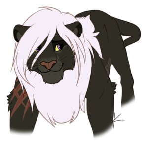 Rating: Safe Score: 0 Tags: black_body black_fur e621 felid feral fur knon lion male mammal mane pantherine purple_eyes scar smile solo tail white_body white_fur User: bunchy7s