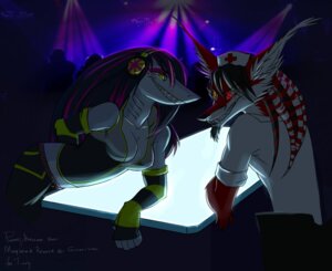 Rating: Safe Score: 0 Tags: anthro aquatic canid canine duo_focus e621 electronics female fish fox group hair headphones inside lapfox_trax light_from_below lights mammal mayhem_(renard) multicolored_hair nightclub pegibruno red_cross renard_queenston shark sharp_teeth teeth User: bunchy7s