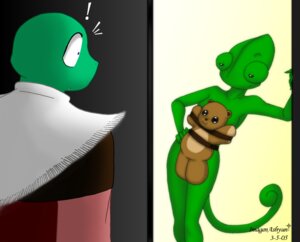 Rating: Questionable Score: 0 Tags: anthro breasts censored chameleon clothed clothed/nude clothed_male clothing convenient_censorship covering duo e621 female flap-necked_chameleon imagenashyun imminent_sex lizard male male/female non-mammal_breasts nude plushie reptile scalie smile surprised teasing teddy_bear wide_eyed User: bunchy7s