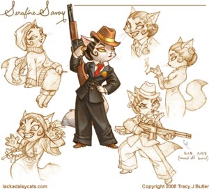 Rating: Safe Score: 0 Tags: 2006 anthro art_deco business_suit cigarette clothed clothing digital_media_(artwork) dipstick_tail domestic_cat e621 ear_piercing english_text felid feline felis female flower fully_clothed graphite_(artwork) gun hair hand_on_hip hat headgear headwear holding_gun holding_object holding_ranged_weapon holding_weapon lackadaisy m1918 machine_gun magic_user mammal marigold_(flower) markings mixed_media multicolored_tail piercing plant ranged_weapon rifle serafine_savoy short_hair simple_background sketch_page smoking solo suit tail tail_markings text tracy_j._butler traditional_media_(artwork) tribal_spellcaster url weapon white_background User: bunchy7s