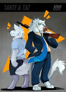 Rating: Safe Score: 0 Tags: accessory anthro blue_eyes bottomwear canid canine clothed clothing dante_(dantebernard) duo e621 felid fox fully_clothed gun lion male mammal muttmonster necktie pantherine ranged_weapon shirt shorts simple_background suit taz_(dantebernard) topwear weapon weapon_on_shoulder User: bunchy7s