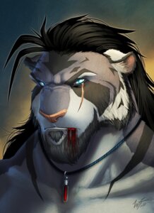 Rating: Safe Score: 0 Tags: 2011 anthro beard black_hair blood blue_eyes bodily_fluids dazen_(character) e621 facial_hair felid hair hi_res jewelry male mammal necklace pantherine pink_nose scar signature solo stripes tiger wes-talbott User: bunchy7s
