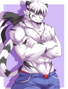 Rating: Safe Score: 0 Tags: 2013 abs accessory anthro athletic beard biceps big_muscles biped black_body black_fur black_hair blue_bottomwear blue_clothing blue_eyes bottomwear chest_tuft claws clothed clothing crossed_arms denim denim_bottomwear denim_clothing digital_media_(artwork) dog_tags e621 facial_hair felid fur goatee hair headband hi_res jeans jewelry leo_(dragonslash) male mammal markings muscular muscular_anthro muscular_male necklace open_bottomwear open_clothing open_pants pantherine pants panty_peek pecs pink_nose pose rabbity red_bottomwear red_clothing ring_(marking) ringed_tail scar solo standing striped_markings striped_tail stripes tail tail_markings tiger topless tuft underwear white_body white_fur white_hair User: bunchy7s
