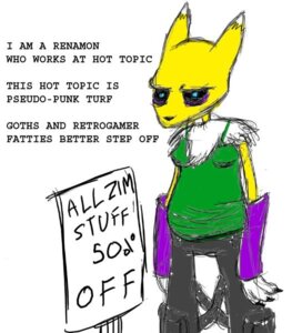Rating: Safe Score: 0 Tags: anthro bandai_namco black_sclera canid canine clothing digimon digimon_(species) e621 english_text female fur gloves handwear hot_topic i_am_the_renamon mammal renamon simple_background solo text unknown_artist white_background white_body white_fur yellow_body yellow_fur User: bunchy7s