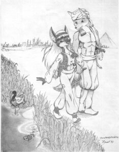 Rating: Safe Score: 0 Tags: 2007 anthro anubian_jackal arabian bat canid canine canis clothing duo e621 fangs_of_k'aath female headdress headgear headwear jackal kerchief mammal midriff monochrome paul_kidd raschid religious_clothing religious_headwear sandhri shemagh simple_background tail turban water white_background zjonni User: bunchy7s