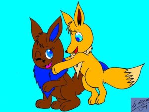 Rating: Safe Score: 0 Tags: 2009 4:3 ambiguous_gender blue_background blue_eyes blue_markings brown_body brown_fur canid canine digitigrade dipstick_tail duo e621 eevee eye_contact fur generation_1_pokemon looking_at_another mammal markings marquis2007 nintendo orange_body orange_fur pokemon pokemon_(species) simple_background tail tail_markings User: bunchy7s