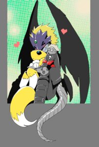 Rating: Safe Score: 0 Tags: alpha_channel anthro bandai_namco beelzemon black_nose black_sclera blush canid canine clothed clothing digimon digimon_(species) duo e621 eyes_closed fangs female fur heart_symbol hug jacket male mammal renamon sitting takao-hikari teeth topwear white_body white_fur wings yellow_body yellow_fur User: bunchy7s