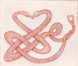 Rating: Questionable Score: 0 Tags: ambiguous_gender celtic_knot duo e621 feral heart_symbol kissing red_theme reptile scalie serpentine sketch snake snake-artist tongue traditional_media_(artwork) User: bunchy7s