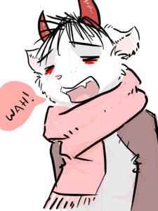 Rating: Safe Score: 0 Tags: 3:4 anthro clothed clothing dialogue digital_media_(artwork) domestic_cat e621 english_text eyes_closed felid feline felis fur half-length_portrait horn male mammal nitrogen open_mouth pink_nose portrait scarf shirt simple_background solo speech_bubble text topwear white_background white_body white_fur User: bunchy7s