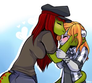 Rating: Safe Score: 0 Tags: anthro black_nose blonde_hair blush bottomwear breasts chloe_(chloe.hydraconis) clothed clothing duo e621 felid female female/female fur grey_body grey_fur hair hat headgear headwear heart_symbol kissing lizard mammal minettefraise neko_(strawberryneko) pants red_hair reptile scalie shirt spots standing tail topwear whiskers User: bunchy7s