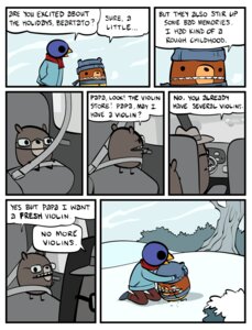 Rating: Safe Score: 0 Tags: 2011 ambiguous_gender anthro avian beak bear beartato bird bodily_fluids comic crying dialogue e621 english_text group hug humor male mammal nedroid outside reginald_(nedroid) snow speech_bubble tears text winter User: bunchy7s