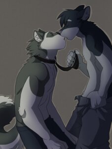 Rating: Questionable Score: 0 Tags: 5_fingers accessory anthro black_body black_fur black_hair black_nose bottomwear canid canine canis clothed clothing clothing_pull collar comic digital_media_(artwork) domestic_dog dominant dominant_male duo e621 eyebrows eyes_closed fingers fur grey_background grey_body grey_fur hair hi_res holding_leash holding_object husky imminent_kiss jailbird leash male male/male mammal necktie necktie_pull nordic_sled_dog pants shaded simple_background spitz submissive submissive_male tail topless unavailable_at_source undressing white_body white_eyebrows white_fur User: bunchy7s
