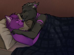 Rating: Safe Score: 0 Tags: 4:3 ambiguous_gender anthro bed bedding black_body black_fur black_nose blanket blue_tongue canid canine duo e621 eyes_closed fur furniture hair horn hug licking love mammal on_bed purple_body purple_fur purple_hair purple_nose romantic romantic_couple solarbyte tongue tongue_out unknown_species User: bunchy7s