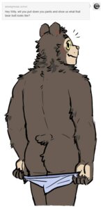 Rating: Questionable Score: 0 Tags: anthro artdecade bear blue_clothing blue_underwear blush briefs butt clothed clothing clothing_pull e621 english_text male mammal partially_clothed rear_view sloth_bear solo text tumblr underwear underwear_down underwear_pull ursine willy_(artdecade) User: bunchy7s