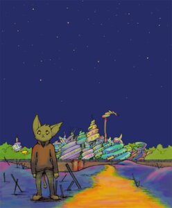 Rating: Safe Score: 0 Tags: ambiguous_gender anthro biped city cityscape clothed clothing colorful_theme detailed_background digital_media_(artwork) domestic_cat e621 felid feline felis fully_clothed mammal night outside roboraba shell sky solo star stargazing starry_sky surrealism tail User: bunchy7s