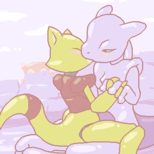 Rating: Questionable Score: 0 Tags: 1:1 9_6 abra ambiguous_gender anthro blush digital_media_(artwork) duo e621 eyes_closed felid generation_1_pokemon hand_holding interspecies kiss_on_lips kissing legendary_pokemon low_res mammal mewtwo nintendo oekaki pokemon pokemon_(species) slowpoke tail User: bunchy7s