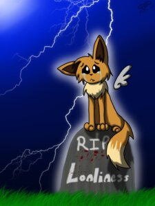 Rating: Questionable Score: 0 Tags: 3:4 abandon_lonliness ambiguous_gender black_eyes blood blue_background bodily_fluids brown_body brown_fur canid canine creepypasta crying death e621 eevee electricity english_text feathered_wings feathers feral fur generation_1_pokemon grass grave lightning lonliness mammal night nintendo outside plant pokemon pokemon_(species) sad silvathehedgehogg simple_background solo spirit tears teeth text tombstone wings User: bunchy7s