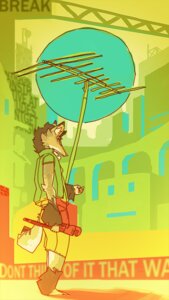 Rating: Safe Score: 0 Tags: 2009 9:16 :| aerial_(disambiguation) ambiguous_gender antennae_(anatomy) anthro canid canine city cityscape cubabette detailed_background e621 english_text mammal pensive solo tail text tools wrench User: bunchy7s