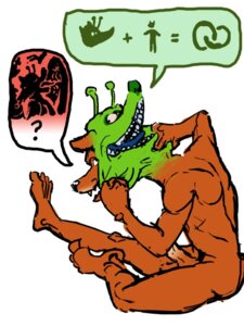Rating: Explicit Score: 0 Tags: 3:4 alien antennae_(anatomy) anthro body_horror canid canine e621 erection genitals green_body green_nose male mammal merging nightmare_fuel nude orange_body penis pictographics solo swatcher symbiote transformation User: bunchy7s