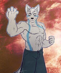 Rating: Safe Score: 0 Tags: anthro black_nose canid canine canis clothed clothing digital_media_(artwork) e621 fur hair male mammal pose scarlet-frost simple_background solo textured_background topless white_body white_fur white_hair wolf User: bunchy7s