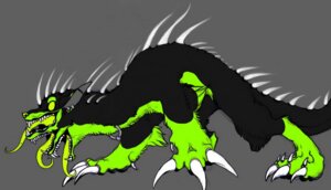 Rating: Safe Score: 0 Tags: 3_toes ambiguous_gender black_body black_fur e621 feet feral fur green_body green_fur grey_background horn monster neck_piercing neogeen_(character) phantomseeker piercing quadruped sharp_teeth simple_background solo spikes spikes_(anatomy) tail teeth toes tongue tongue_piercing User: bunchy7s