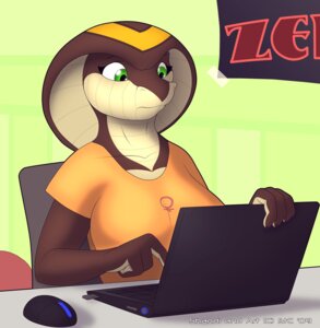 Rating: Safe Score: 0 Tags: 2009 4_fingers 4chan >:| annoyed anthro breasts clothed clothing cobra collarbone computer computer_mouse copyright_symbol digital_media_(artwork) e621 elapid_(snake) electronics female female_symbol fingers front_view frown gender_symbol green_eyes inside internet king_cobra laptop non-mammal_breasts orange_clothing orange_shirt orange_t-shirt orange_topwear poster reptile scalie shandi shirt signature snake snake_hood solo spotty_the_cheetah symbol t-shirt tape topwear worried User: bunchy7s