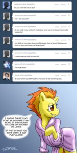 Rating: Safe Score: 0 Tags: amber_eyes ask_blog bathrobe clothing dialogue e621 english_text equid equine female feral friendship_is_magic hair hasbro hi_res mammal multicolored_hair my_little_pony mythological_creature mythological_equine mythology pegasus pluckyninja robe smile solo spitfire_(mlp) text two_tone_hair wings wonderbolts_(mlp) User: bunchy7s Rating: Safe Score: 0 Tags: amber_eyes ask_blog bathrobe clothing dialogue e621 english_text equid equine female feral friendship_is_magic hair hasbro hi_res mammal multicolored_hair my_little_pony mythological_creature mythological_equine mythology pegasus pluckyninja robe smile solo spitfire_(mlp) text two_tone_hair wings wonderbolts_(mlp) User: bunchy7s
