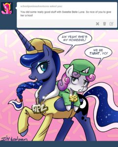 Rating: Safe Score: 0 Tags: 2014 age_difference ask_blog bling blue_body blue_eyes blue_feathers blue_hair clothing cutie_mark dialogue duo e621 english_text equid equine feathered_wings feathers female feral friendship_is_magic green_eyes hair hasbro hat headgear headwear horn john_joseco looking_at_viewer mammal multicolored_hair my_little_pony mythological_creature mythological_equine mythology open_mouth princess_luna_(mlp) purple_hair swag sweetie_belle_(mlp) text two_tone_hair unicorn winged_unicorn wings User: bunchy7s