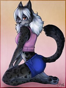 Rating: Safe Score: 0 Tags: 2012 3:4 anthro big_ears biped bottomwear clothed clothing e621 feet felid feline female hair hindpaw hybrid karian kaylii kneeling looking_at_viewer mammal pantherine paws red_eyes serval shirt shorts skimpy solo spots tail tank_top topwear white_hair User: bunchy7s