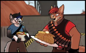 Rating: Safe Score: 0 Tags: 16:10 4_fingers anthro bandolier baseball_cap belt black_border black_hair black_nose blue_hair border bottomwear brown_body brown_fur bulletproof_vest canid canine canis clothing coyote day duo e621 electronics fingerless_gloves fingers food fur gloves grey_body grey_fur hair hand_wraps handwear hat headgear headphones headset headwear heavy_(team_fortress_2) holding_food holding_object male mammal marymouse multicolored_hair open_mouth open_smile outside pancake pants plate red_hair sandwich_(food) scout_(team_fortress_2) shirt sky smile standing t-shirt tail team_fortress_2 topwear valve valve_corporation widescreen wolf wraps User: bunchy7s