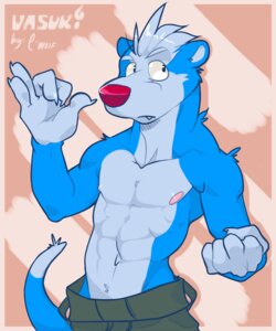 Rating: Safe Score: 0 Tags: 5:6 abs anthro athletic biceps biped blue_body blue_eyes blue_fur bottomwear claws clothed clothing e-w01f e621 fur grey_body grey_fur hi_res male mammal muscular muscular_anthro mustelid musteline nipples pants pecs pose red_nose simple_background solo standing stoat topless true_musteline vasuki_(character) weasel User: bunchy7s