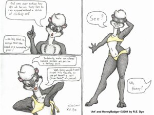 Rating: Questionable Score: 0 Tags: 2001 4:3 anthro badger bikini bikini_bralette bikini_clasp brown_eyes clothed clothing comic dialogue e621 english_text eyes_closed female hair honey_badger looking_at_viewer mammal monochrome mustelid musteline nipples r.e._dye skimpy smile solo swimwear text tight_clothing traditional_media_(artwork) two-piece_swimsuit white_hair User: bunchy7s