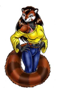Rating: Questionable Score: 0 Tags: 4_fingers ailurid anthro belt biped black_body black_fur bottomwear bra bra_strap brown_body brown_eyes brown_fur brown_hair claws clothed clothing cropped_sweater denim denim_bottomwear denim_clothing digital_media_(artwork) e621 female fingers fluffy fluffy_tail fur hair hands_on_hips humanoid_hands jeans kenya_(max_blackrabbit) long_hair looking_aside mammal max_blackrabbit midriff off_shoulder pants red_panda simple_background smile solo standing stripes sweater tail topwear underwear white_background white_body white_fur User: bunchy7s