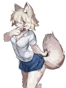 Rating: Safe Score: 0 Tags: 46ar anthro biped bottomwear canid canine clothed clothing e621 female fox mammal shirt simple_background skirt solo standing tail topwear User: bunchy7s