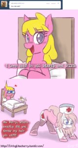 Rating: Safe Score: 0 Tags: binoculars blonde_hair blue_eyes cherry_berry_(mlp) clothing crabmeatstick duo e621 earth_pony english_text equid equine female female/female feral friendship_is_magic hair hasbro hat headgear headwear hi_res horse juice_box legwear mammal my_little_pony nurse nurse_redheart_(mlp) pink_hair pony stockings tail text uniform url User: bunchy7s Rating: Safe Score: 0 Tags: binoculars blonde_hair blue_eyes cherry_berry_(mlp) clothing crabmeatstick duo e621 earth_pony english_text equid equine female female/female feral friendship_is_magic hair hasbro hat headgear headwear hi_res horse juice_box legwear mammal my_little_pony nurse nurse_redheart_(mlp) pink_hair pony stockings tail text uniform url User: bunchy7s