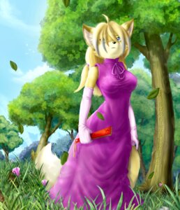 Rating: Safe Score: 0 Tags: angello_cauich anthro armwear canid canine classy clothing detailed_background dress e621 elbow_gloves female fox gloves grass hand_fan handwear hi_res leaf mammal miranda_niseru nature outside plant sky solo tail tree wood User: bunchy7s