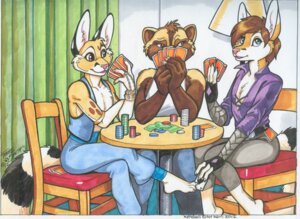 Rating: Safe Score: 0 Tags: 2012 4_fingers ace_of_spades anthro arm_in_front armband arms_bent barefoot bassariscus bent_arm bent_legs black_body black_fur bottomwear brown_body brown_fur cacomistle card card_game card_hand chair cheat chester_ringtail_magreer claws clothed clothing crossed_legs e621 extended_arm feet fingerless_gloves fingers fully_clothed fur furniture gambling gaming gloves group hands_together handwear havoc_inc. holding_card holding_object inside lamp leg_over_edge legs_over_edge looking_aside male mammal markings money over_edge pants passing_cards pile pink_nose playing_card poker_chip procyonid ring_(marking) ringed_tail signature sitting smile spades_(suit) stack striped_markings striped_tail stripes suit_symbol table tail tail_markings tan_body tan_fur terrie_smith toe_claws traditional_media_(artwork) trio white_body white_fur User: bunchy7s