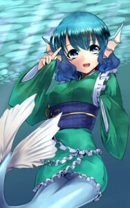 Rating: Safe Score: 0 Tags: 5:8 aquatic asian_clothing blue_eyes blue_hair clothed clothing doyouwantto e621 east_asian_clothing female fin fish_tail frill_(anatomy) frilly hair head_fin japanese_clothing kimono long_sleeves looking_at_viewer membrane_(anatomy) membranous_frill merfolk monster_girl_(genre) obi obijime open_mouth portrait smile solo split_form three-quarter_portrait touhou underwater wakasagihime water wide_sleeves User: bunchy7s