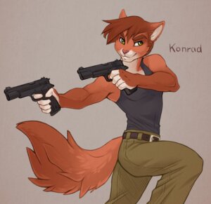 Rating: Safe Score: 0 Tags: 2014 amber_eyes anthro archived_source artist_collaboration athletic athletic_anthro athletic_male bad_trigger_discipline bottomwear clothed clothing digital_media_(artwork) domestic_cat dual_wielding e621 felid feline felis fully_clothed fur gun hair handgun holding_gun holding_object holding_ranged_weapon holding_weapon iskra konrad_zengel male mammal orange_tail pants pistol ranged_weapon red_body red_fur red_hair roksanadiamond shaded shirt side_view smile solo tail tank_top text topwear weapon User: bunchy7s