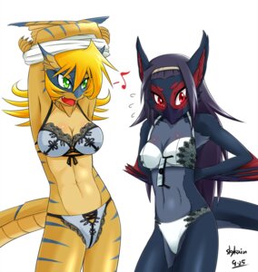 Rating: Questionable Score: 0 Tags: 2011 anthro black_hair blonde_hair blush bra breasts capcom clothed clothing dragon duo e621 european_mythology eyewear female flying_wyvern glasses green_eyes hair hi_res lingerie monster_hunter musical_note musical_symbol mythological_creature mythological_scalie mythology nargacuga natasha_(skykain) non-mammal_breasts panties pseudowyvern red_eyes scalie shy simple_background skimpy skykain standing stripes symbol tail tanya_(skykain) tigrex underwear undressing western_dragon white_background wings wyvern User: bunchy7s