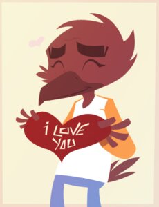 Rating: Safe Score: 0 Tags: anthro avian beak biped bird border brown_body brown_feathers clothed clothing corbinbusker e621 english_text eyes_closed feathers flat_colors front_view fully_clothed heart_symbol holding_object i_love_you low_res male simple_background solo standing text white_background User: bunchy7s