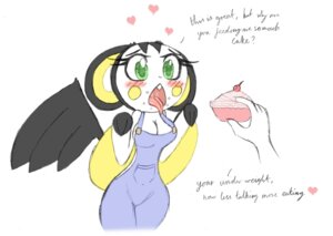 Rating: Safe Score: 0 Tags: anthro begging big_breasts bit-small blush bodily_fluids breasts cake clothing dessert disembodied_hand duo e621 emolga english_text female food generation_5_pokemon green_eyes heart_symbol hi_res holding_food holding_object mammal membrane_(anatomy) nintendo open_mouth overalls overalls_only patagium pokemon pokemon_(species) pokemorph rodent saliva sciurid shirtless shy slim solo_focus text tongue User: bunchy7s