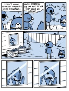 Rating: Safe Score: 0 Tags: 2011 anthro aquatic avian bear beartato bird comic dialogue dynamite e621 english_text explosives fireworks fish harrison_(nedroid) humor ironic male mammal nedroid reginald_(nedroid) shark speech_bubble text what User: bunchy7s