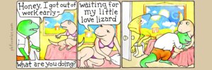 Rating: Questionable Score: 0 Tags: 3:1 anthro base_one_layout chameleon comic dialogue disguise duo_focus e621 english_text female group humor infidelity lizard male male/female nicholas_gurewitch one_page_comic one_row_layout perry_bible_fellowship reptile reveal scalie species_in_dialogue speech_bubble tail text three_frame_image tongue what User: bunchy7s